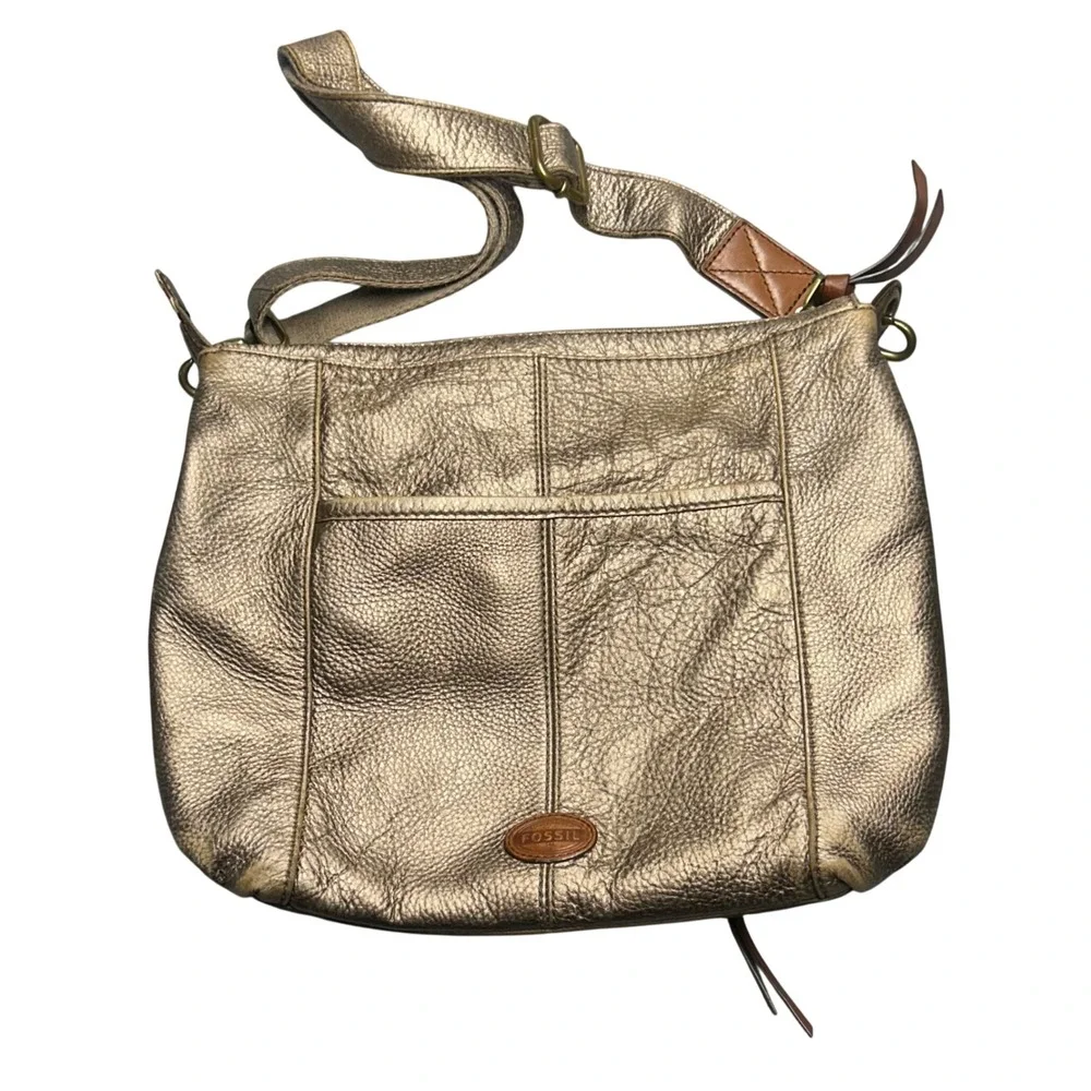 Fossil Crossbody Bag Metallic Bronze Gold Leather Womens Medium Multi-Pocket